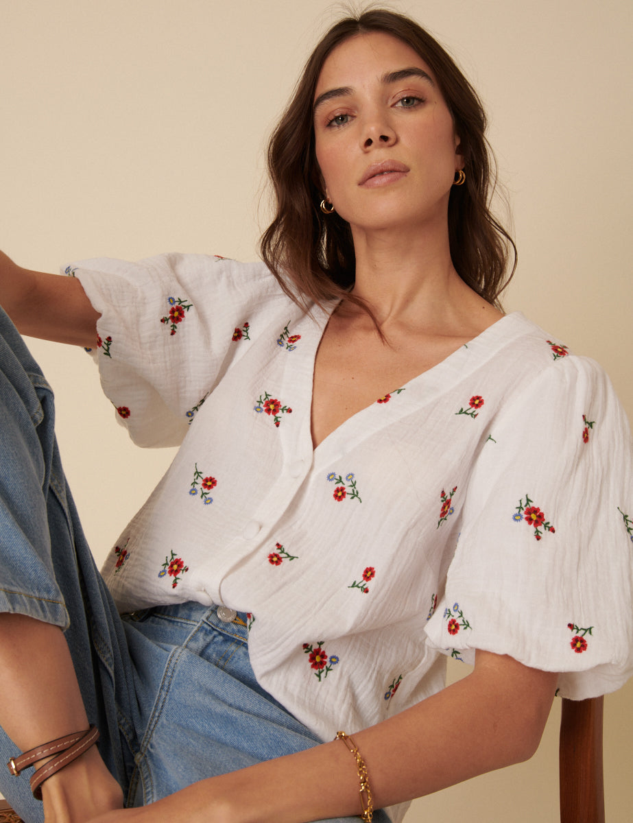 Cream Floral Embroidered Puff Sleeve Top