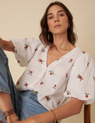 Cream Floral Embroidered Puff Sleeve Top