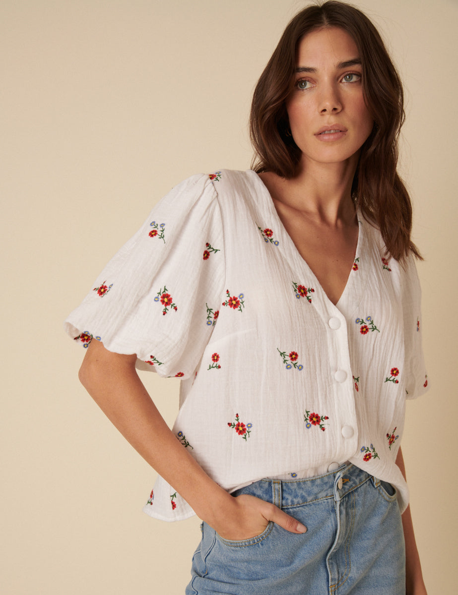 Cream Floral Embroidered Puff Sleeve Top