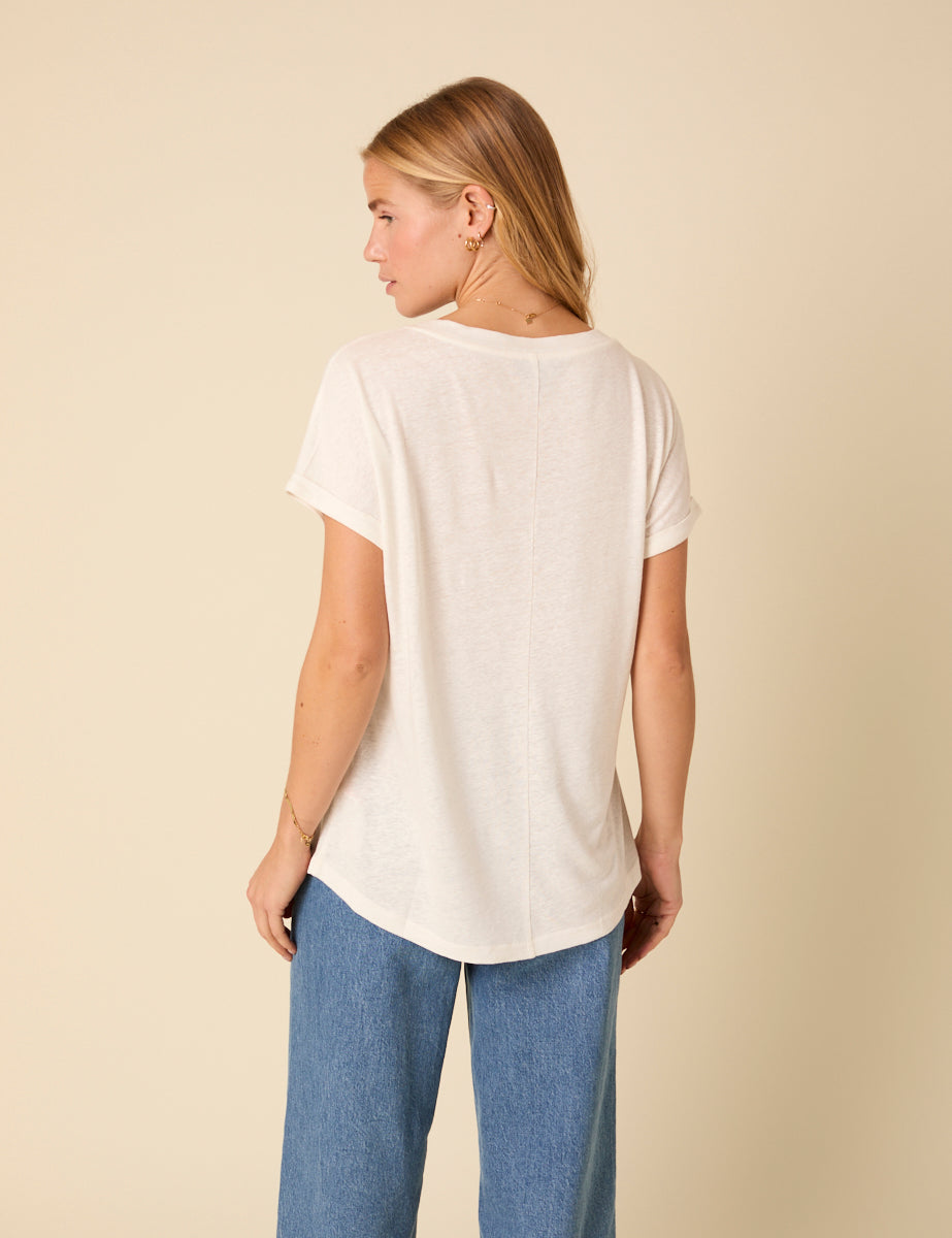 White Linen-Blend Relaxed V-neck T-Shirt