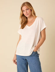 White Linen-Blend Relaxed V-neck T-Shirt