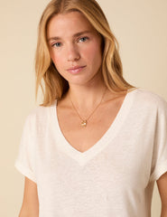 White Linen-Blend Relaxed V-neck T-Shirt