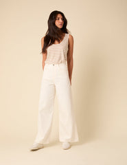 White And Beige Linen-Blend Scoop Neck Vest Top