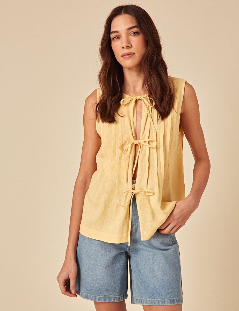 Butter Yellow Linen-Blend Tie Front Top