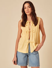 Butter Yellow Linen-Blend Tie Front Top