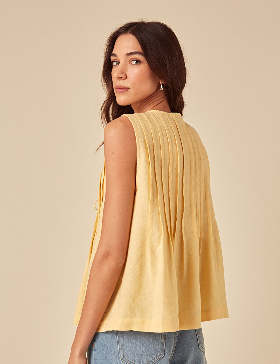 Butter Yellow Linen-Blend Tie Front Top