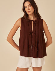 Brown Linen-Blend Tie Front Top