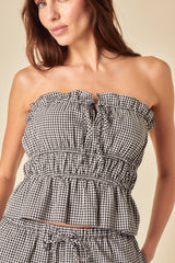Black Gingham Bandeau Peplum Top