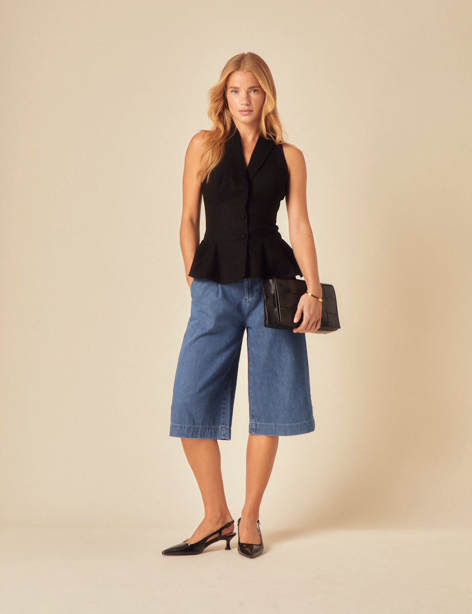 Black Linen-Blend Tailored Peplum Waistcoat