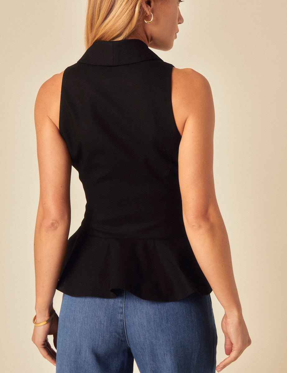 Black Linen-Blend Tailored Peplum Waistcoat
