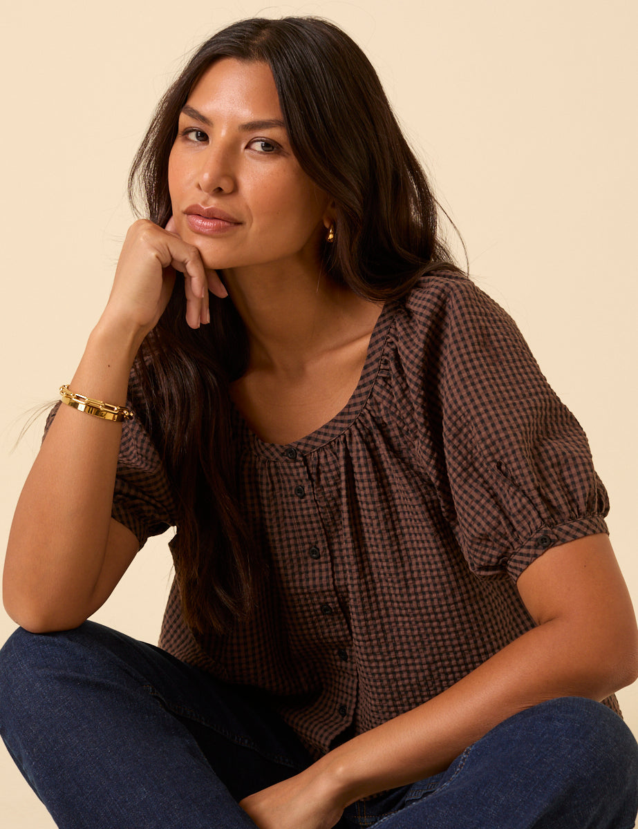 Brown Gingham Puff Sleeve Top