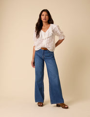 White Embroidered Ruffle Trim Top