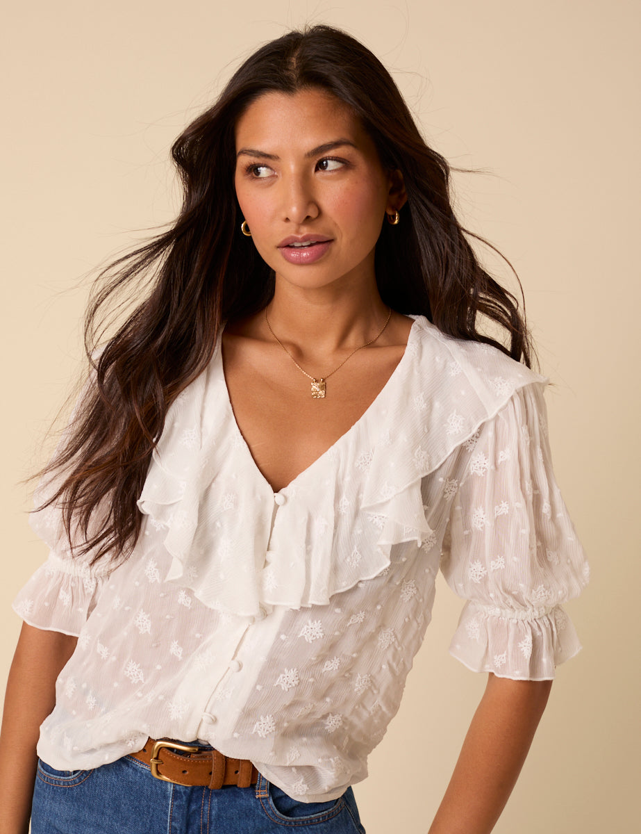 White Embroidered Ruffle Trim Top