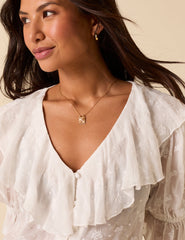 White Embroidered Ruffle Trim Top