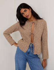 Light Brown Tie Front Peplum Cardigan