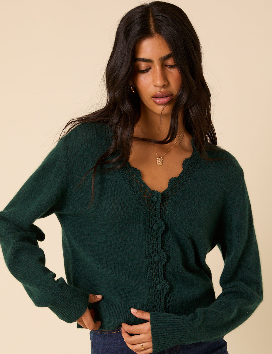 Dark Green Crochet Trim V-Neck Cardigan