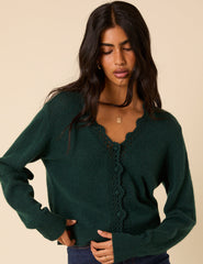 Dark Green Crochet Trim V-Neck Cardigan