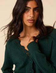 Dark Green Crochet Trim V-Neck Cardigan