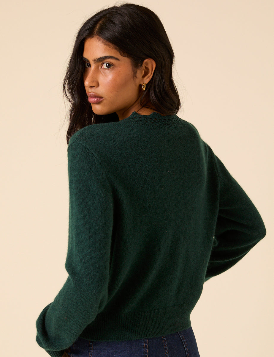 Dark Green Crochet Trim V-Neck Cardigan
