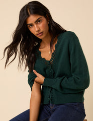 Dark Green Crochet Trim V-Neck Cardigan