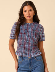 Blue and Red Gingham Shirred Top