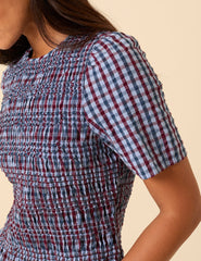 Blue and Red Gingham Shirred Top