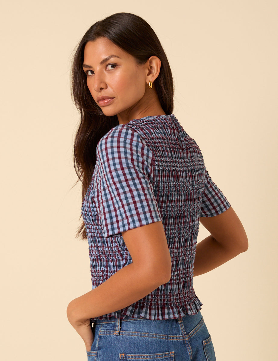 Blue and Red Gingham Shirred Top
