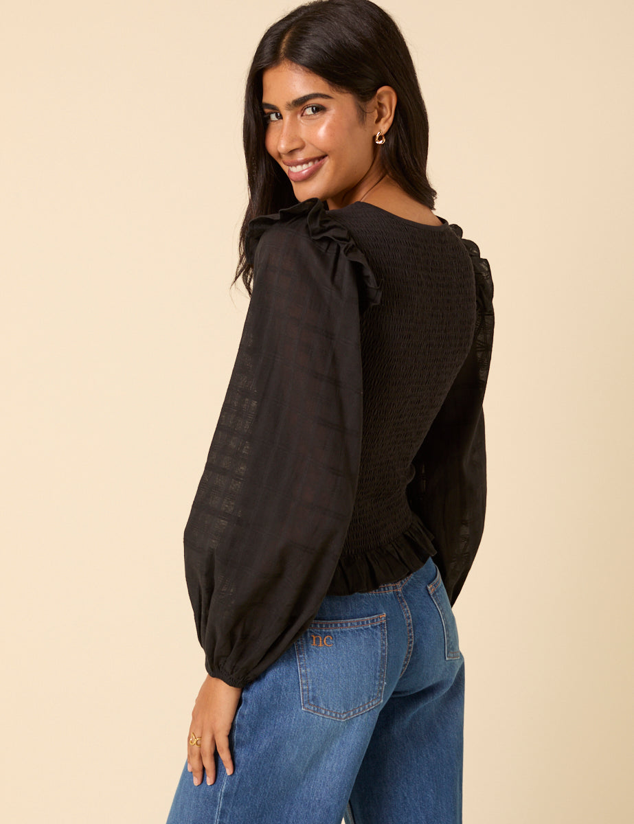 Black Balloon Sleeve Frill Top
