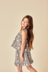 Girls Black Gingham Shell Embroidered Top