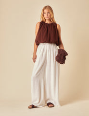 Brown Linen-Blend Bubble Hem Top