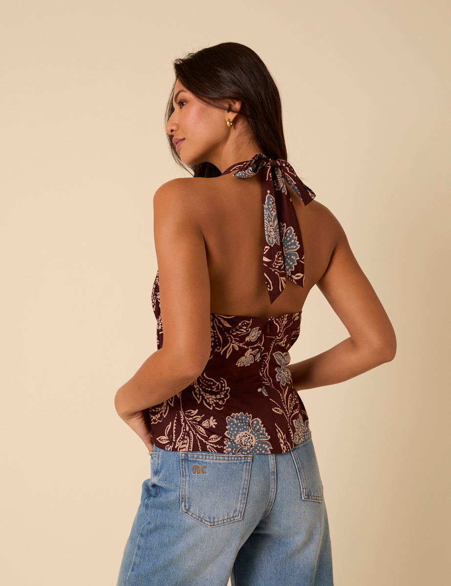 Burgundy Floral Halterneck Top