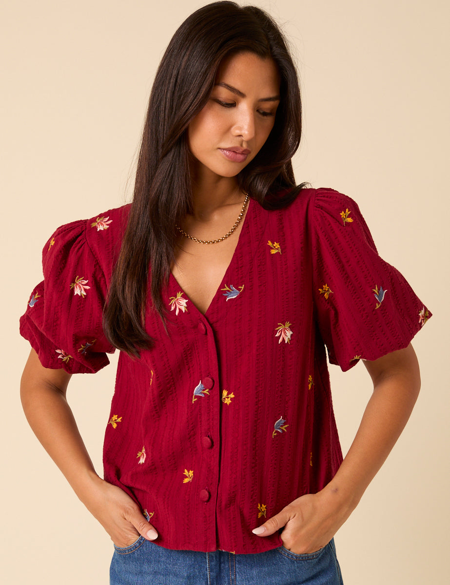 Red Embroidered Puff Sleeve Top