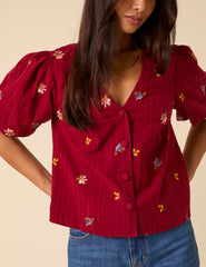 Red Embroidered Puff Sleeve Top