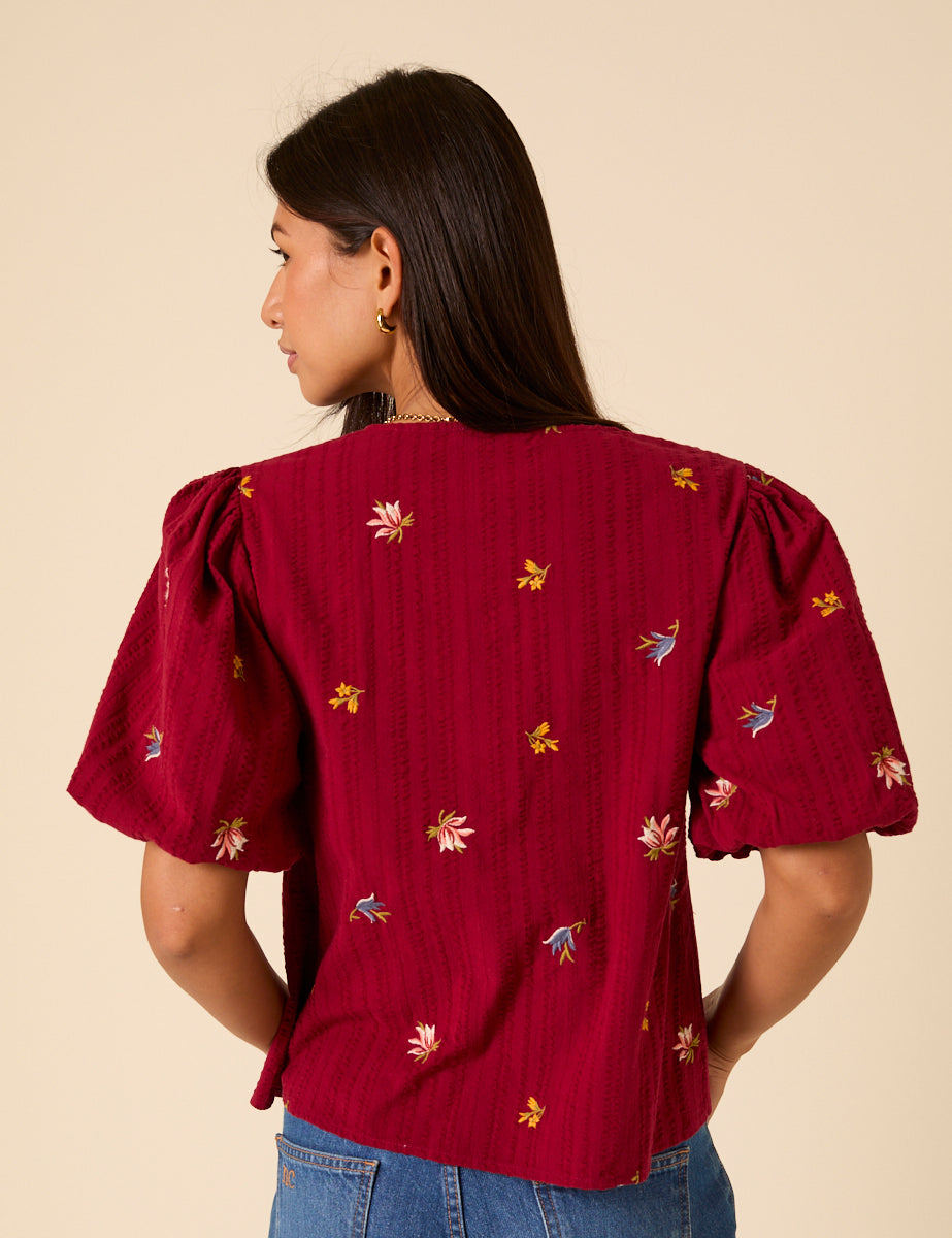 Red Embroidered Puff Sleeve Top