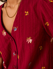 Red Embroidered Puff Sleeve Top