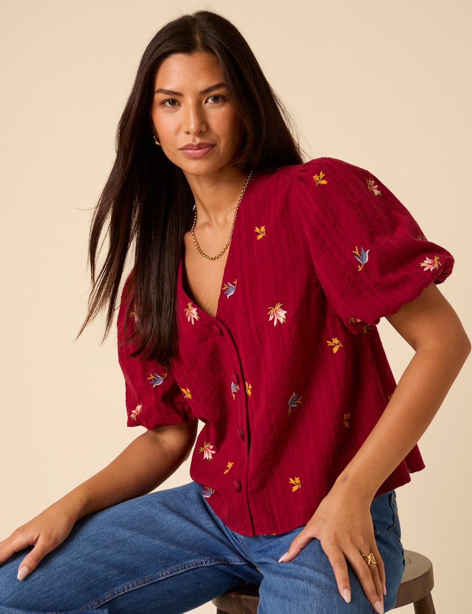 Red Embroidered Puff Sleeve Top