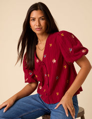 Red Embroidered Puff Sleeve Top