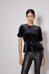 Black Velvet Puff Sleeve Peplum Top