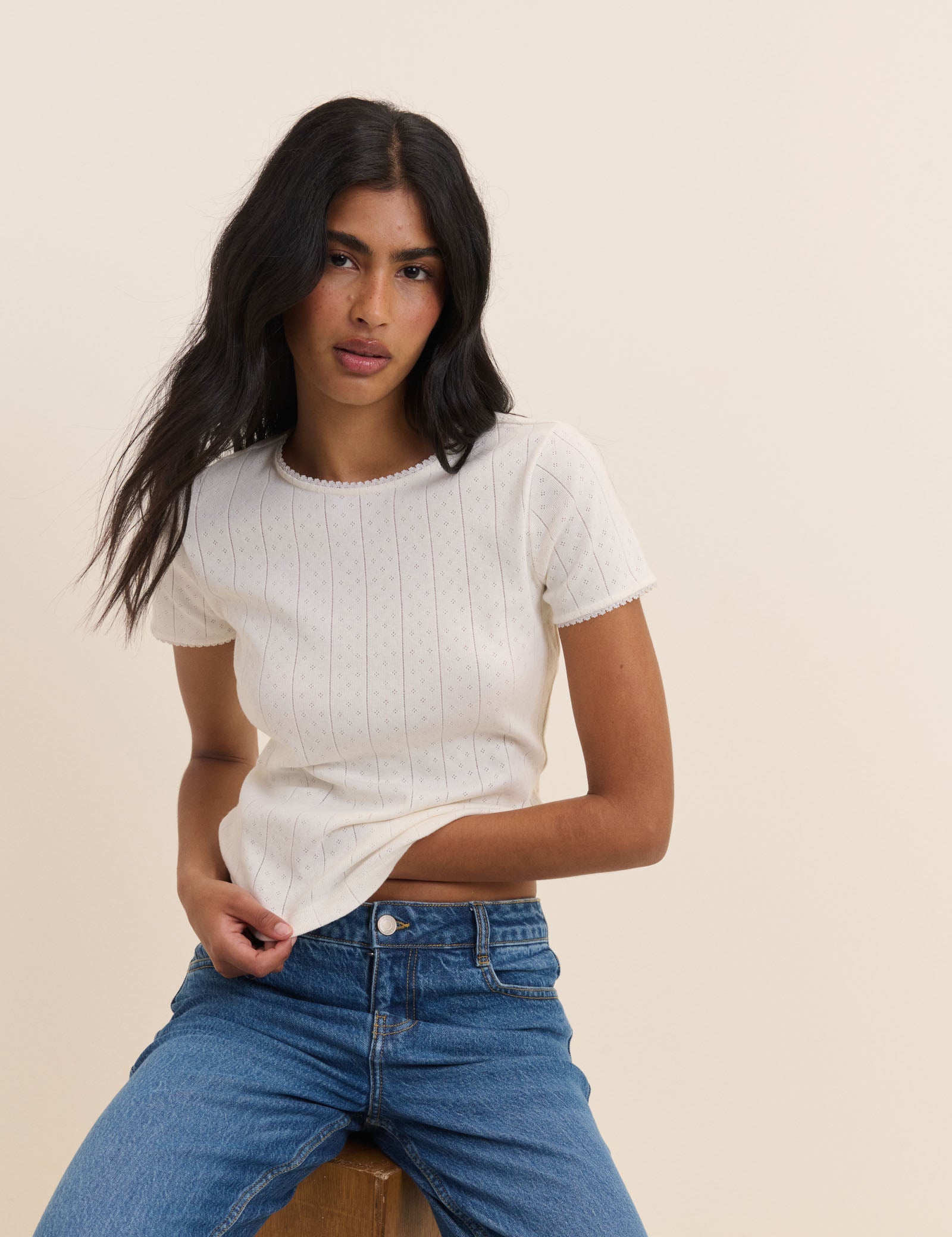 White Pointelle Lace Trim Tee