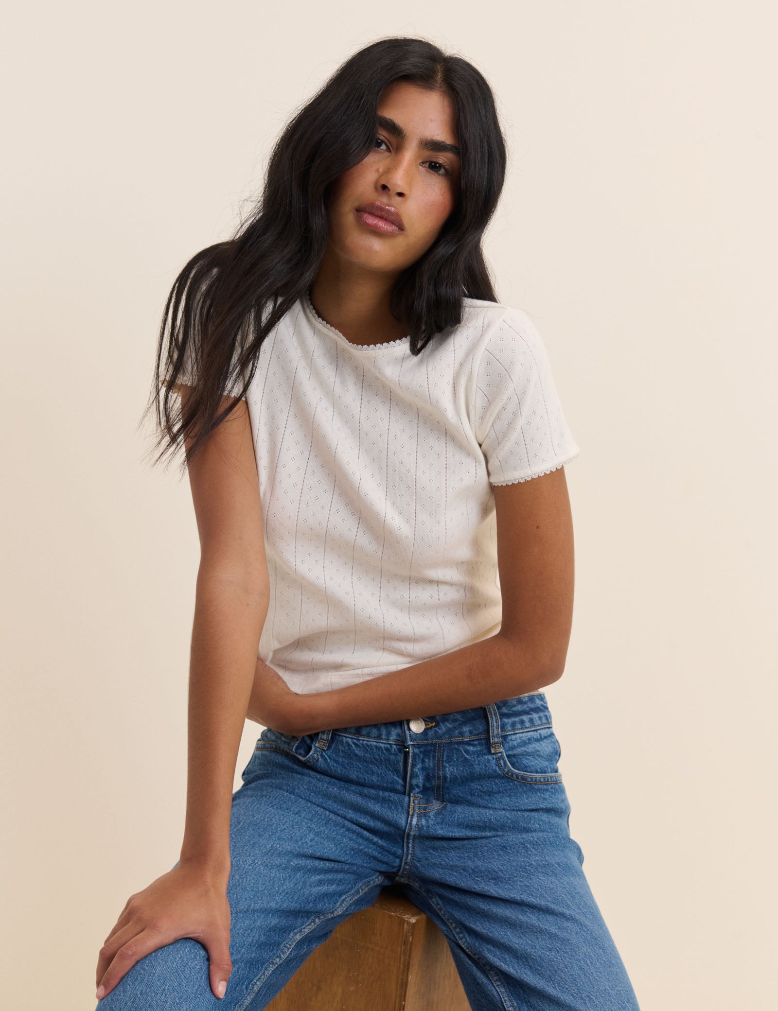 White Pointelle Lace Trim Tee