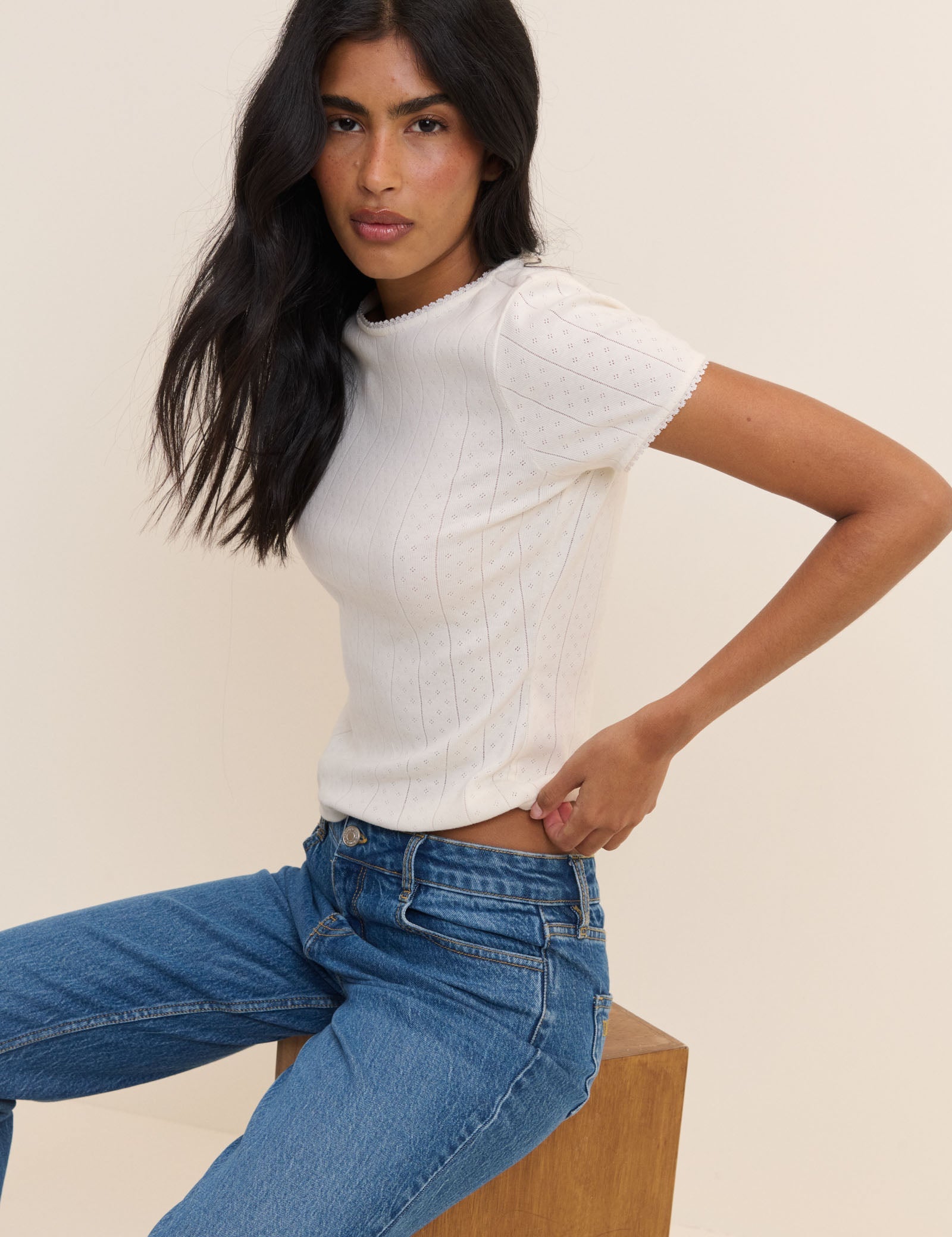 White Pointelle Lace Trim Tee